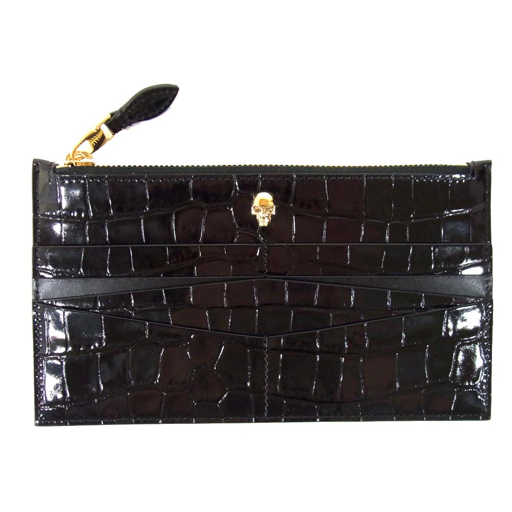 Alexander McQueen アレキサンダーマックイーン スカル フラット 型押し ジップ ウォレット ブラック系【美品】【中古】