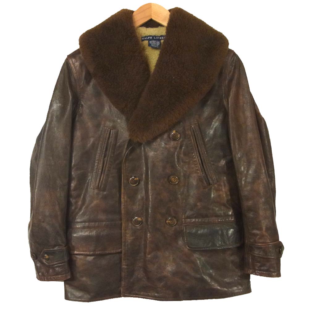 RALPH LAUREN ラルフローレン 30's Style USED加工 レザー ボア カーコート ブラウン系 7【中古】