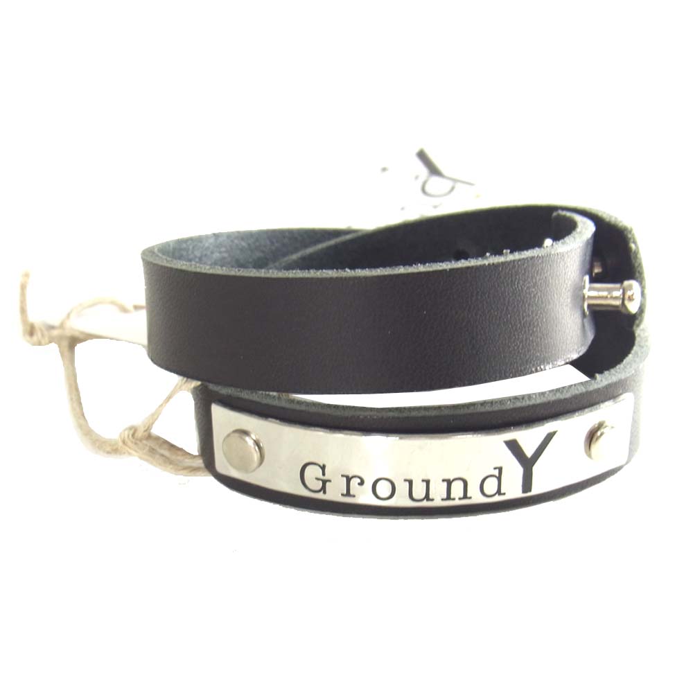 Yohji Yamamoto ヨウジヤマモト GroundY 20SS Cow hide Plate leather bracelet ロゴプレート レザー ブレスレット ブラック系【新古品】【未使用】【中古】