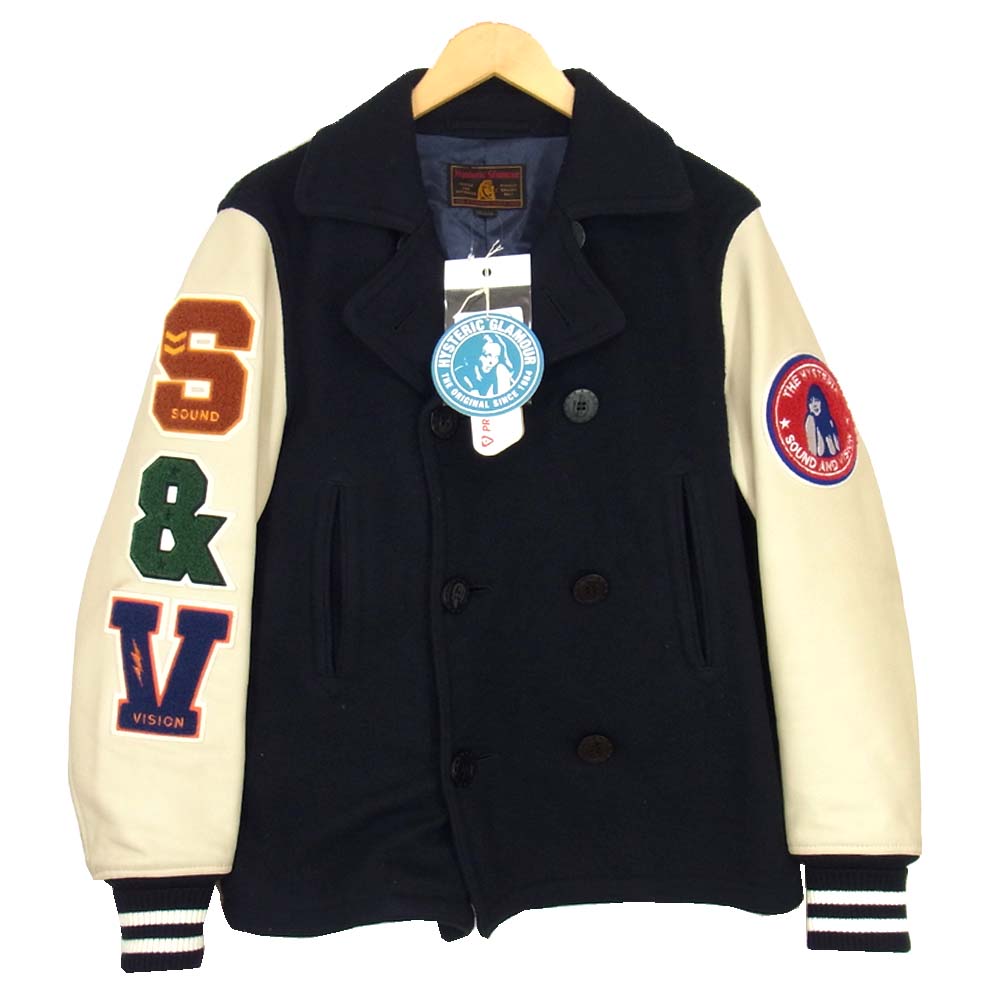 HYSTERIC GLAMOUR ヒステリックグラマー 02193AC03  SOUND ＆ VISION ワッペン付 袖レザー Pコート ジャケット ネイビー系 M【中古】