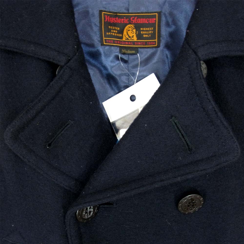 HYSTERIC GLAMOUR ヒステリックグラマー 02193AC03  SOUND ＆ VISION ワッペン付 袖レザー Pコート ジャケット ネイビー系 M【中古】