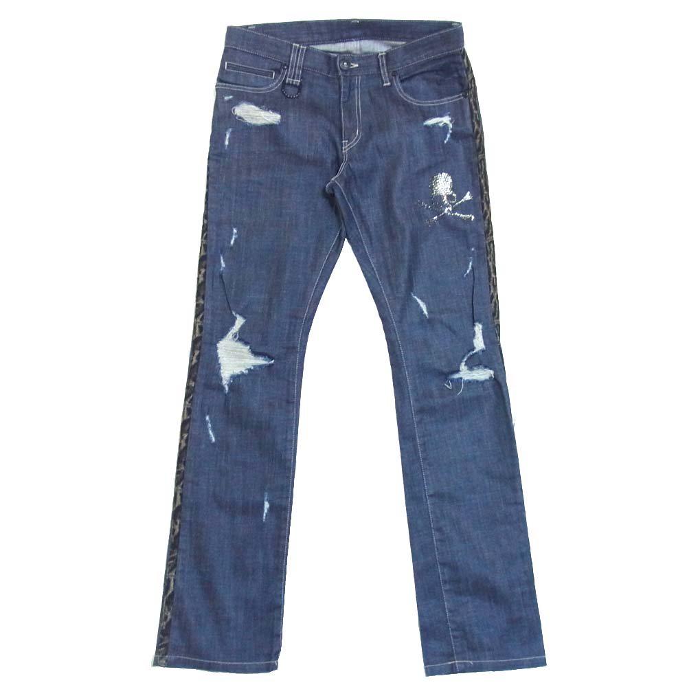 ROEN ロエン スワロフスキー スカル レオパード サイドライン ダメージ パンツ インディゴブルー系 30【中古】