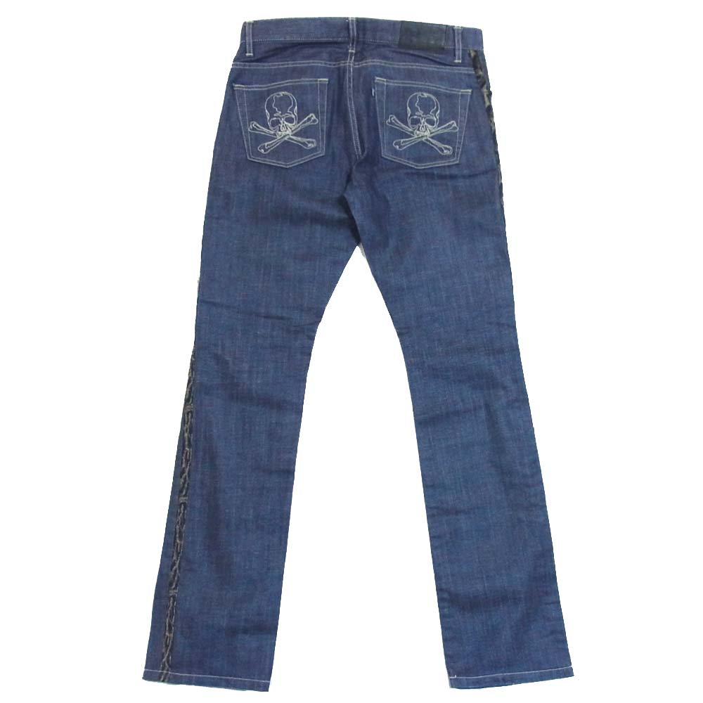 ROEN ロエン スワロフスキー スカル レオパード サイドライン ダメージ パンツ インディゴブルー系 30【中古】