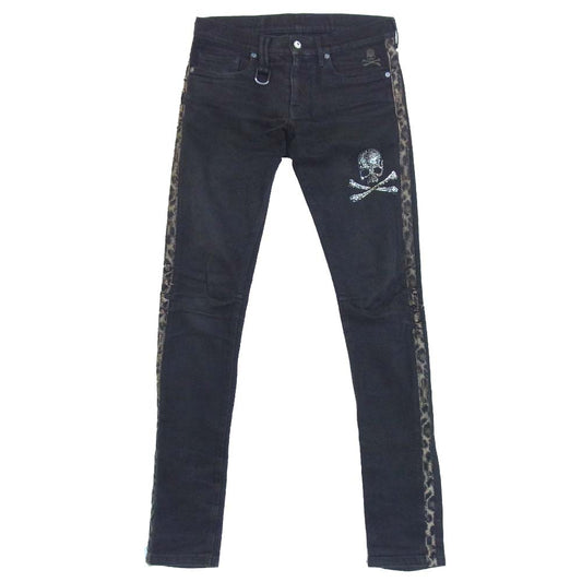 ROEN ロエン スワロフスキー スカル レオパード ライン デニムパンツ ブラック系 29【中古】