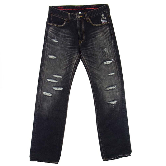 ROEN ロエン × BOBSON ボブソン 銀糸 スワロ スカル ダメージ デニムパンツ ブラック系 30【中古】