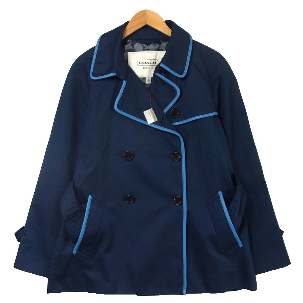 COACH コーチ F84237 Short Leather Trim Trench Coat ショート トレンチ コート ネイビー系 L【中古】