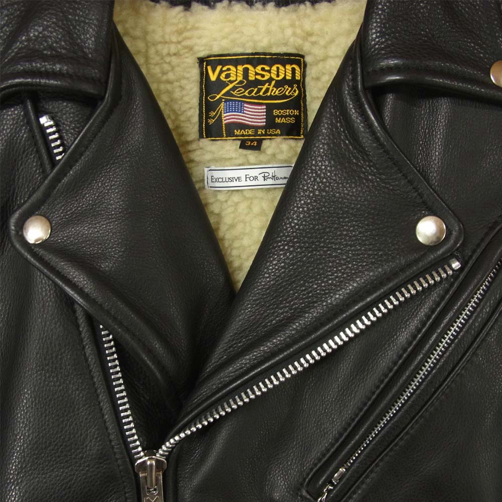 VANSON バンソン ロンハーマン RON HERMAN 裏ボア レザー ダブル ライダース ジャケット ブラック系 34【中古】