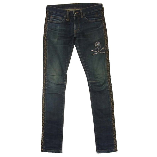 ROEN ロエン スワロフスキー スカル レオパード ライン デニムパンツ インディゴブルー系 29【中古】