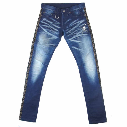 ROEN ロエン スワロフスキー スカル レオパード ライン デニムパンツ インディゴブルー系 30【中古】