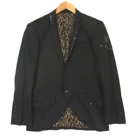 ROEN ロエン スワロフスキー スカル 刺繍 レオパード テーラード ジャケット ブラック系 44【中古】