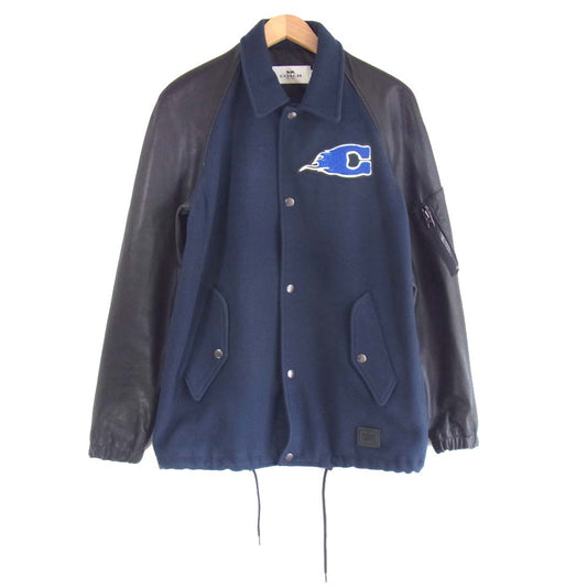 COACH コーチ F24299 袖レザー切替 ワッペン ウール スタジャン ネイビー系 M【美品】【中古】