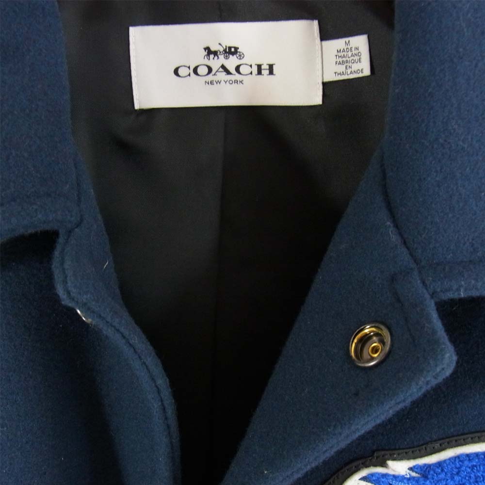 COACH コーチ F24299 袖レザー切替 ワッペン ウール スタジャン ネイビー系 M【美品】【中古】