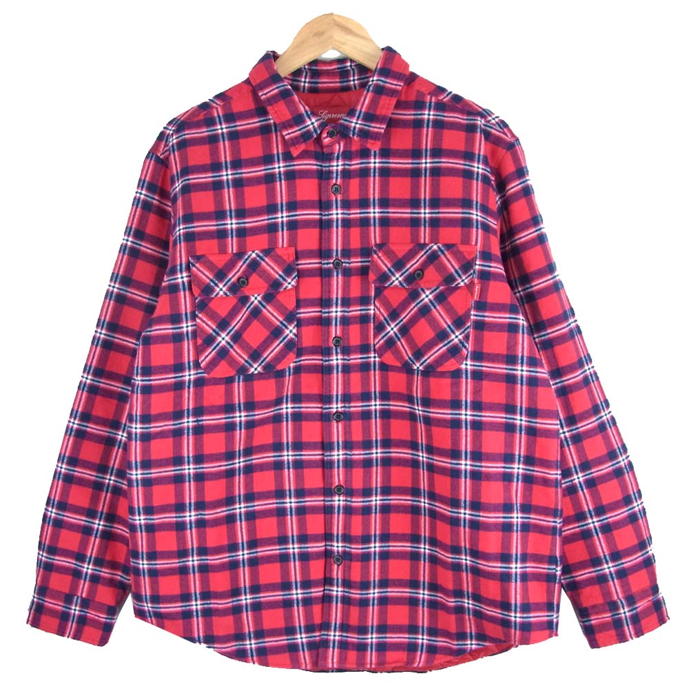 Supreme シュプリーム quilted arc logo flannel shirt アーチロゴ キルテッド フランネル 中綿 キルティング チェックシャツ レッド系 L【極上美品】【中古】