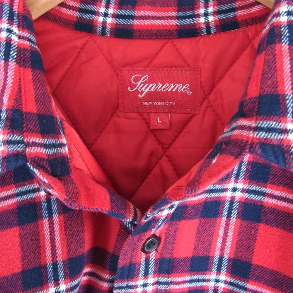Supreme シュプリーム quilted arc logo flannel shirt アーチロゴ キルテッド フランネル 中綿 キルティング チェックシャツ レッド系 L【極上美品】【中古】