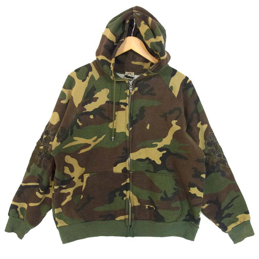 CHROME HEARTS クロムハーツ（原本無） タンクカモ ジップパーカー アーチロゴ クロス レザーパッチ CHプラス カーキ系 M【中古】
