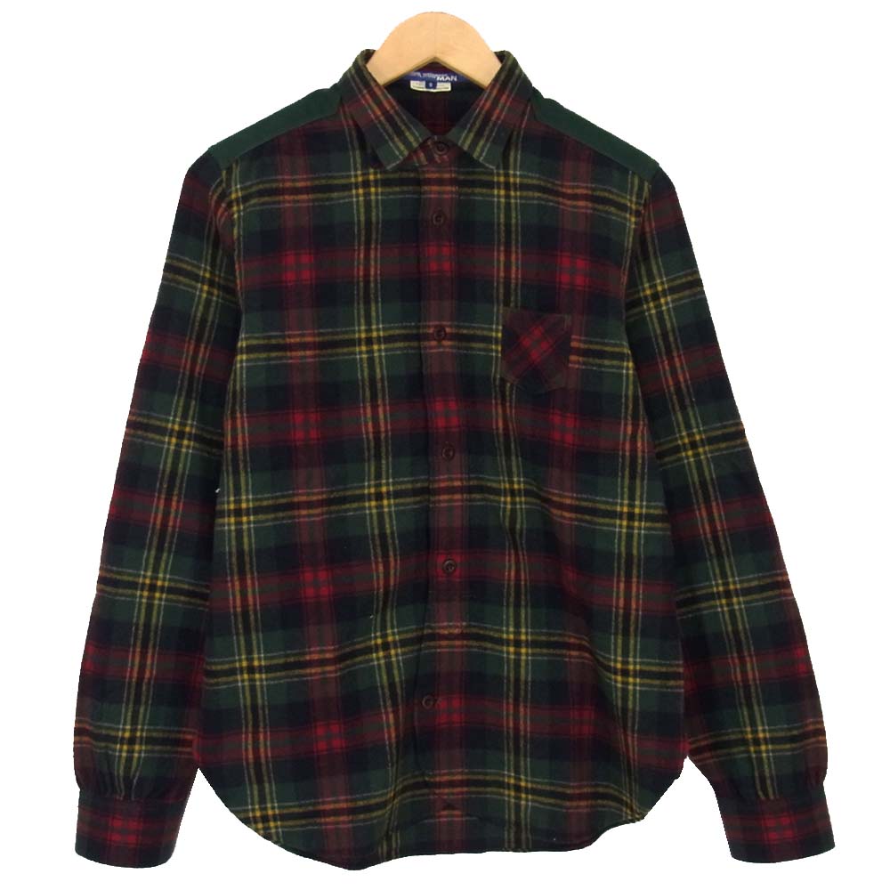 COMME des GARCONS コムデギャルソン WJ-B025 ジュンヤワタナベ JUNYA WATANABE  コーデュロイ エルボーパッチ ウールチェック シャツ グリーン系 S【美品】【中古】