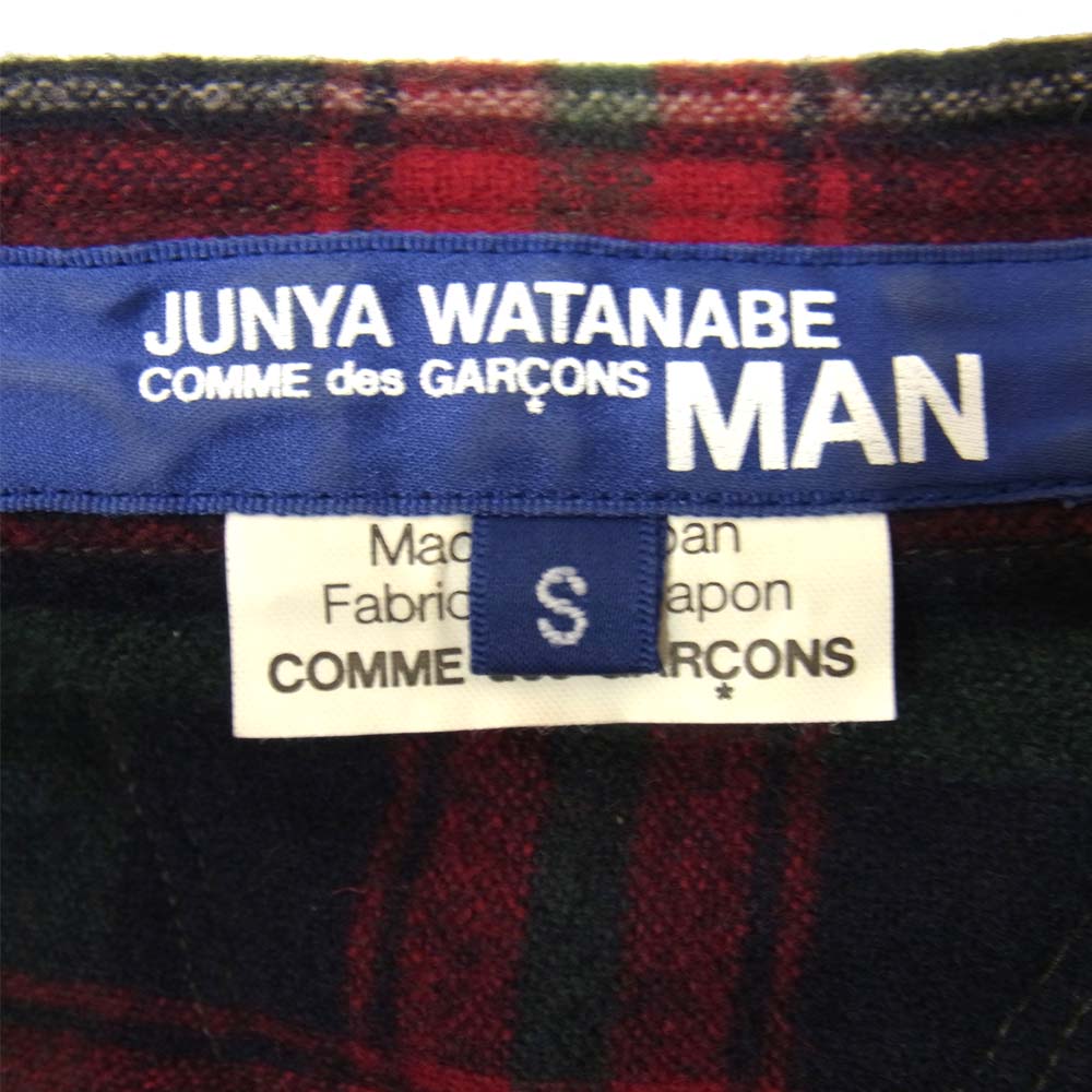 COMME des GARCONS コムデギャルソン WJ-B025 ジュンヤワタナベ JUNYA WATANABE  コーデュロイ エルボーパッチ ウールチェック シャツ グリーン系 S【美品】【中古】