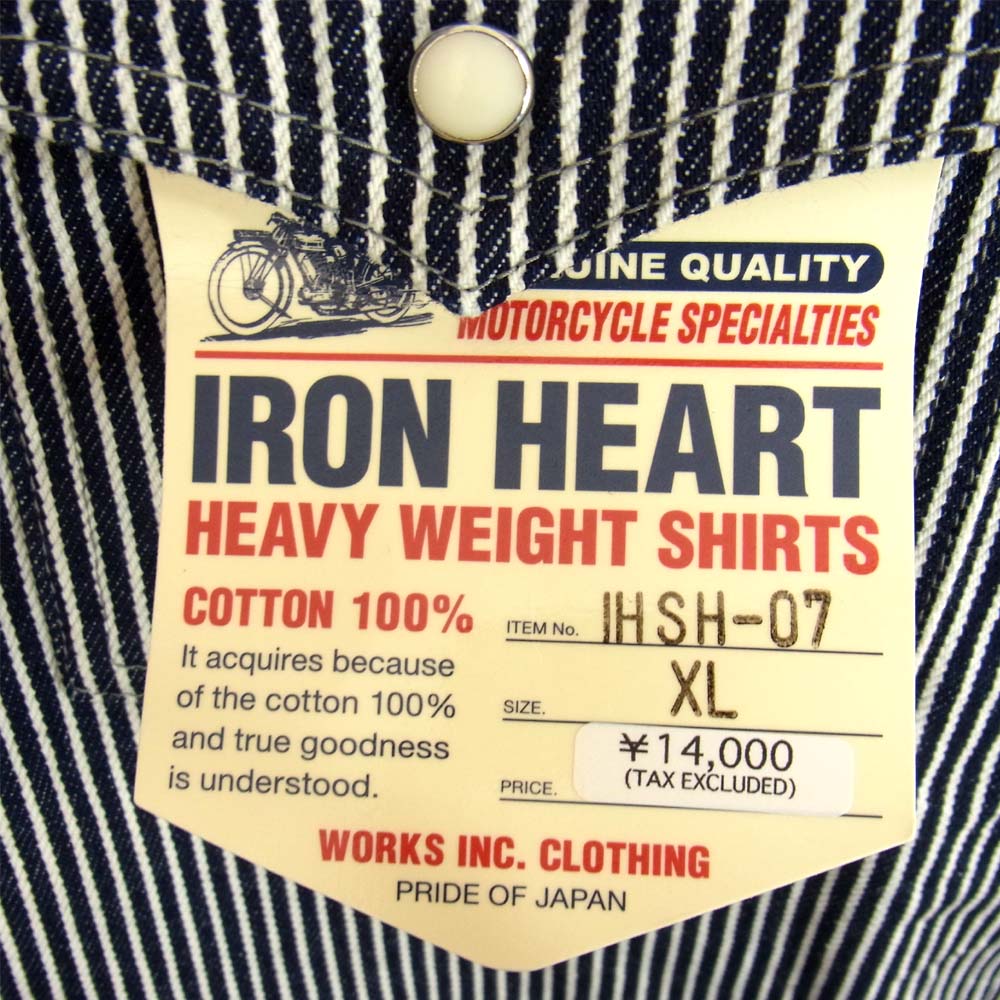 IRON HEART アイアンハート IHSH-07 12oz ヘビー ヒッコリー ウエスタン シャツ ネイビー系 XL【新古品】【未使用】【中古】