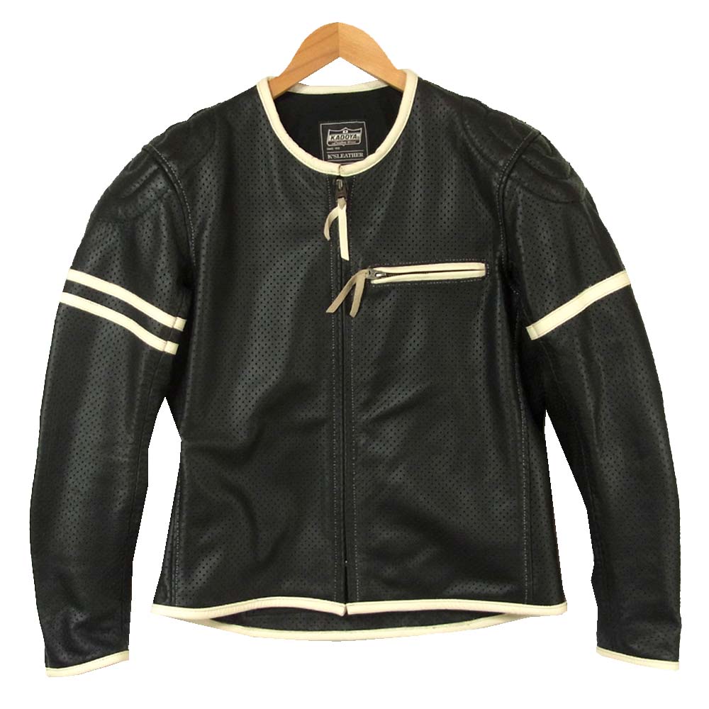 KADOYA カドヤ K’S LEATHER 背面プロテクター入り パンチングレザー ノーカラー シングルライダース ジャケット ブラック系 L【美品】【中古】