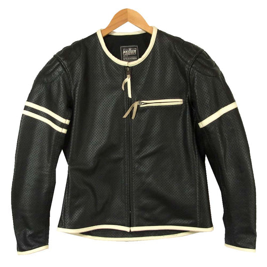 KADOYA カドヤ K’S LEATHER 背面プロテクター入り パンチングレザー ノーカラー シングルライダース ジャケット ブラック系 L【美品】【中古】
