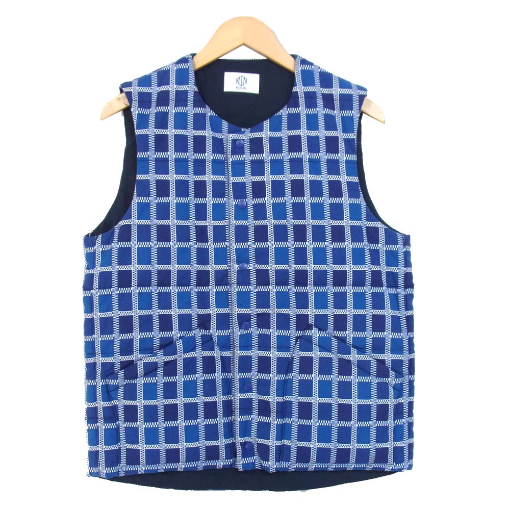 クオン 1902-VT01 YOSHINO PLAID VEST 吉野格子 中綿 ノーカラー ベスト ブルー系 M【新古品】【未使用】【中古】