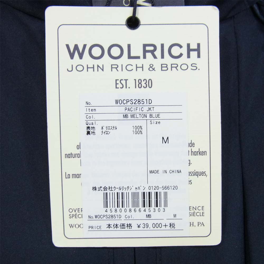 WOOLRICH ウールリッチ WOCPS2851D PACIFIC JKT パシフィック ジャケット MELTON BLUE M【新古品】【未使用】【中古】