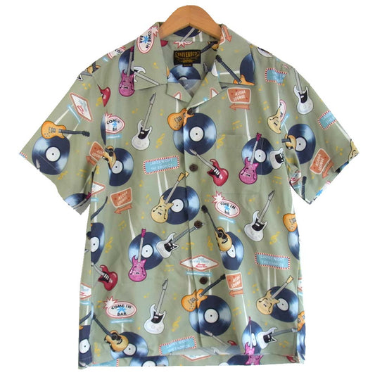 ユニバード 40741 レコード 総柄 アロハ シャツ グリーン系 M【中古】