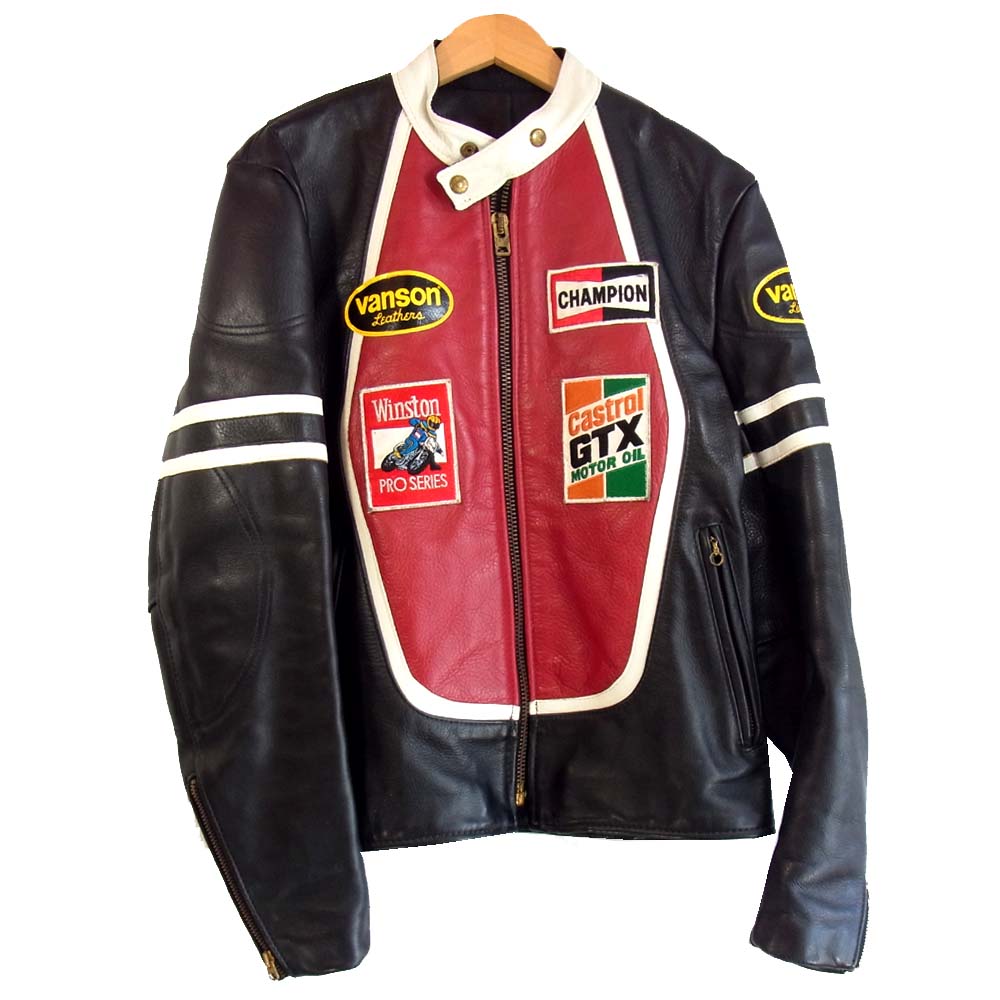 VANSON バンソン RJ ワッペン シングル ライダースジャケット ブラック系 38【中古】