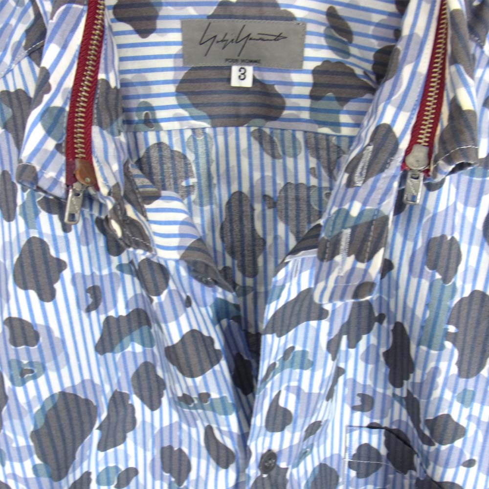 Yohji Yamamoto ヨウジヤマモト POUR HOMME プールオム 14AW HF-B15-016 襟ファスナー着脱 カモフラ ストライプ シャツ グレー系 3【中古】