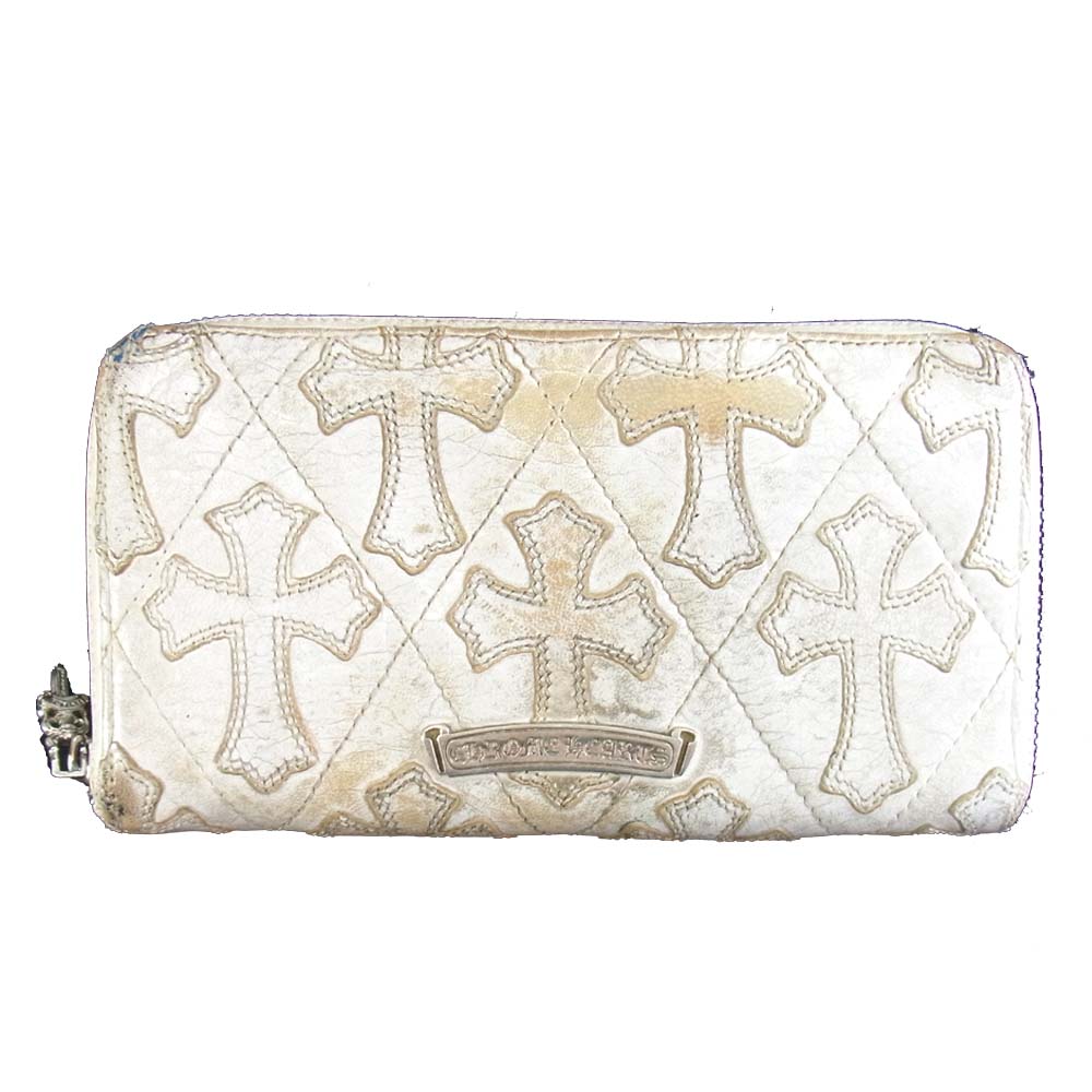 CHROME HEARTS クロムハーツ（原本無） REC F ZIP レック ジップ セメタリークロスパッチ キルティング レザー ラウンドファスナー ウォレット ホワイト系【中古】