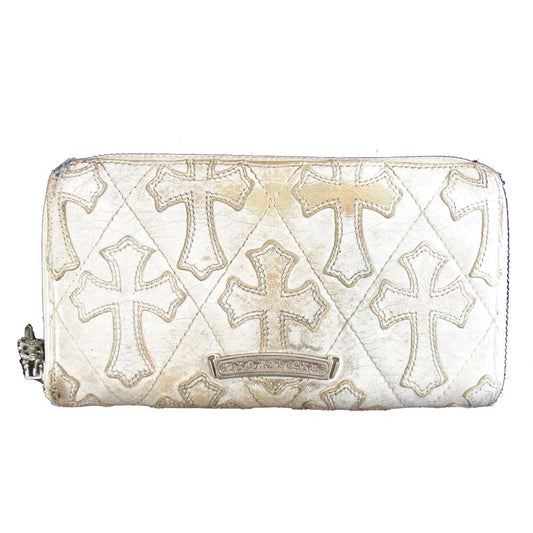 CHROME HEARTS クロムハーツ（原本無） REC F ZIP レック ジップ セメタリークロスパッチ キルティング レザー ラウンドファスナー ウォレット ホワイト系【中古】
