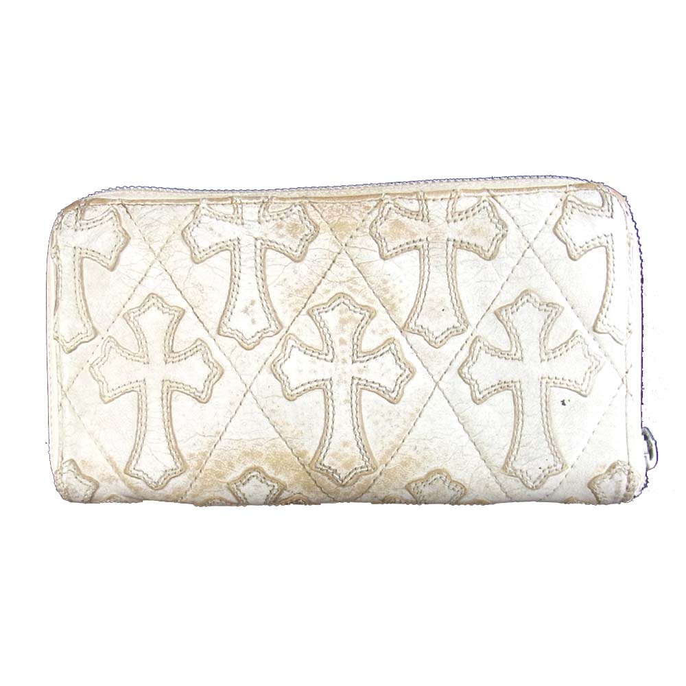 CHROME HEARTS クロムハーツ（原本無） REC F ZIP レック ジップ セメタリークロスパッチ キルティング レザー ラウンドファスナー ウォレット ホワイト系【中古】