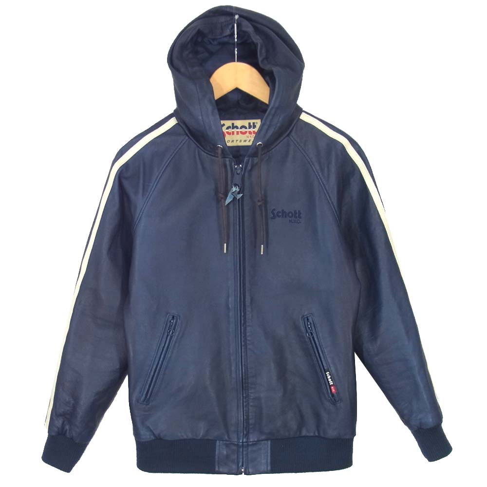 schott ショット ラムスキン フード付き レザー ブルゾン ジャケット ネイビー系 S【中古】