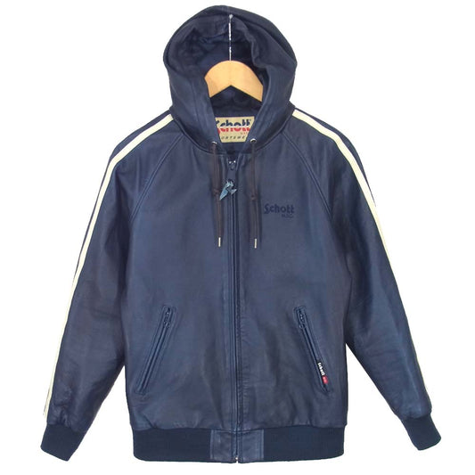 schott ショット ラムスキン フード付き レザー ブルゾン ジャケット ネイビー系 S【中古】