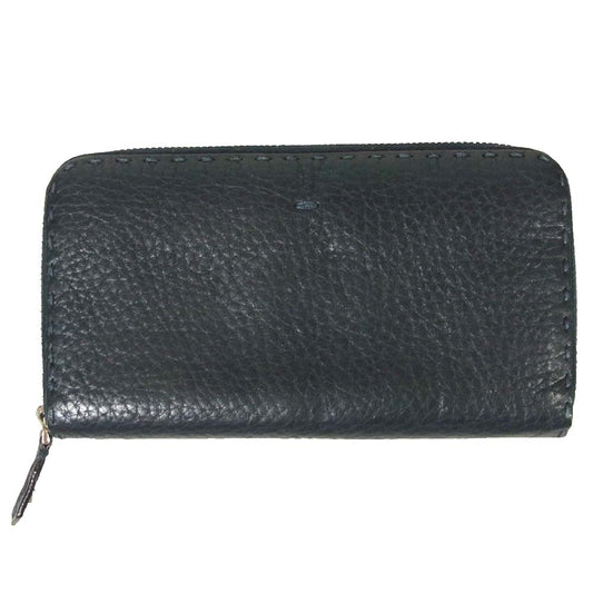 FENDI フェンディ セレリア レザー ラウンドジップ ファスナー 長財布 ダークネイビー系【中古】