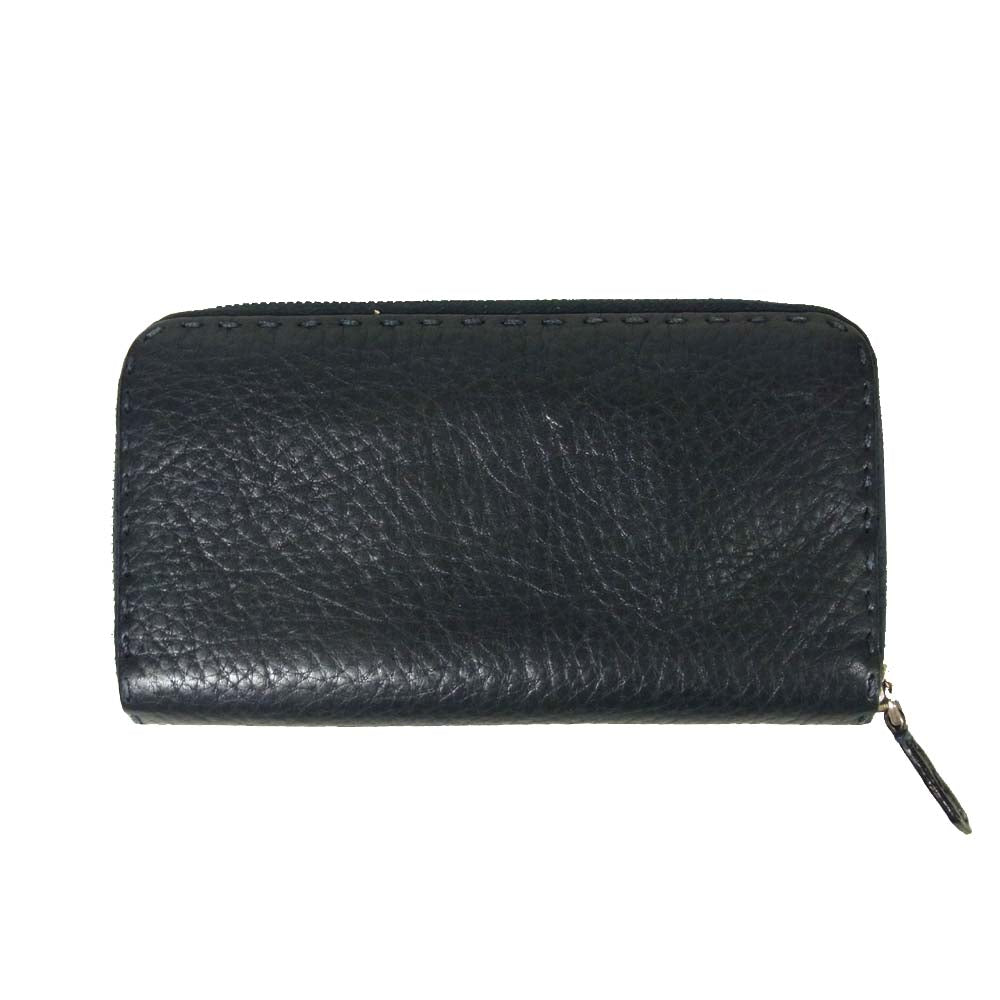 FENDI フェンディ セレリア レザー ラウンドジップ ファスナー 長財布 ダークネイビー系【中古】