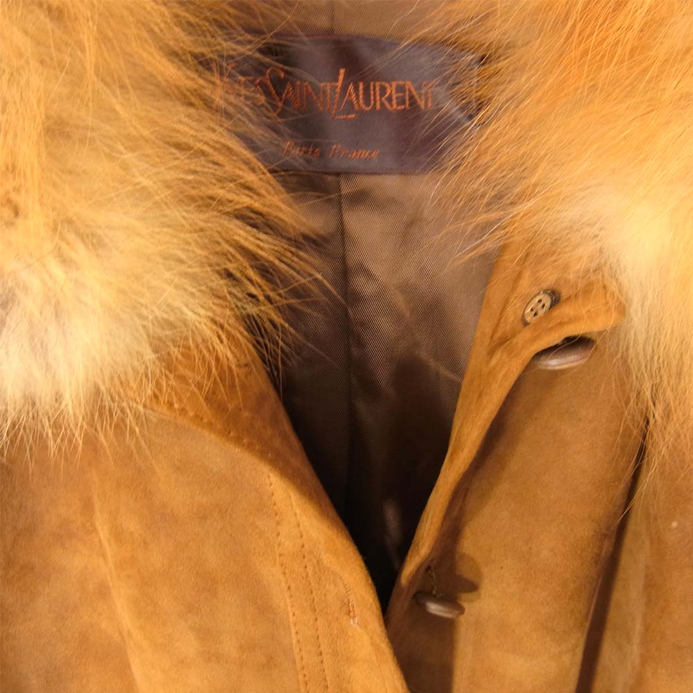 YVES SAINT LAURENT イヴサンローラン ファー付き スエードレザー コート ブラウン系 M【中古】