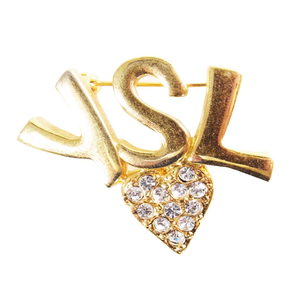 YVES SAINT LAURENT イヴサンローラン YSL ロゴ ストーン ブローチ ゴールド系【中古】