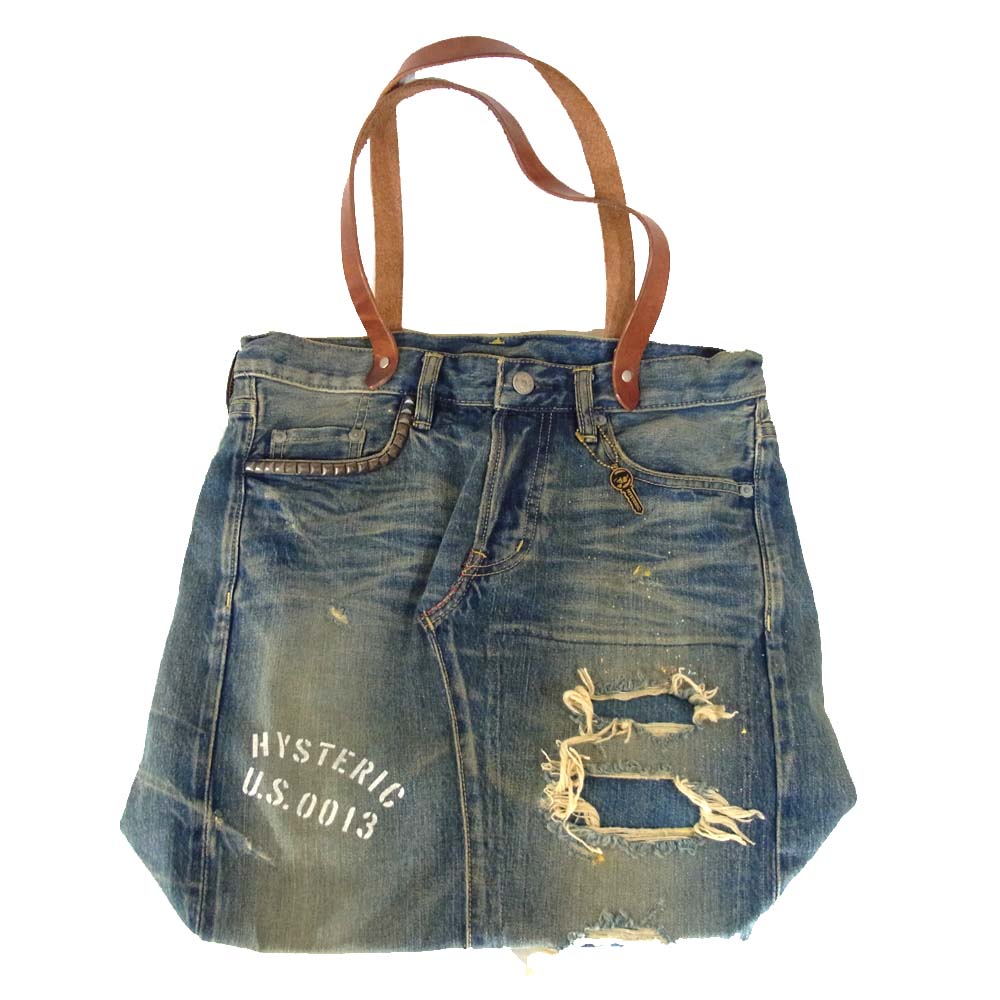 HYSTERIC GLAMOUR ヒステリックグラマー デニム リメイク トート バッグ ダメージ加工 白ロゴ文字プリント インディゴブルー系【中古】