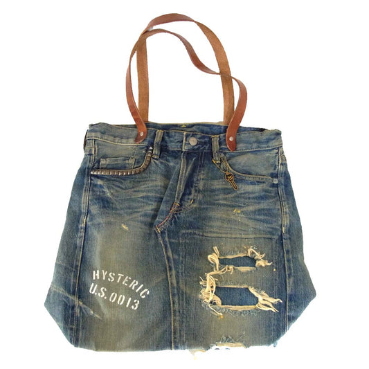 HYSTERIC GLAMOUR ヒステリックグラマー デニム リメイク トート バッグ ダメージ加工 白ロゴ文字プリント インディゴブルー系【中古】