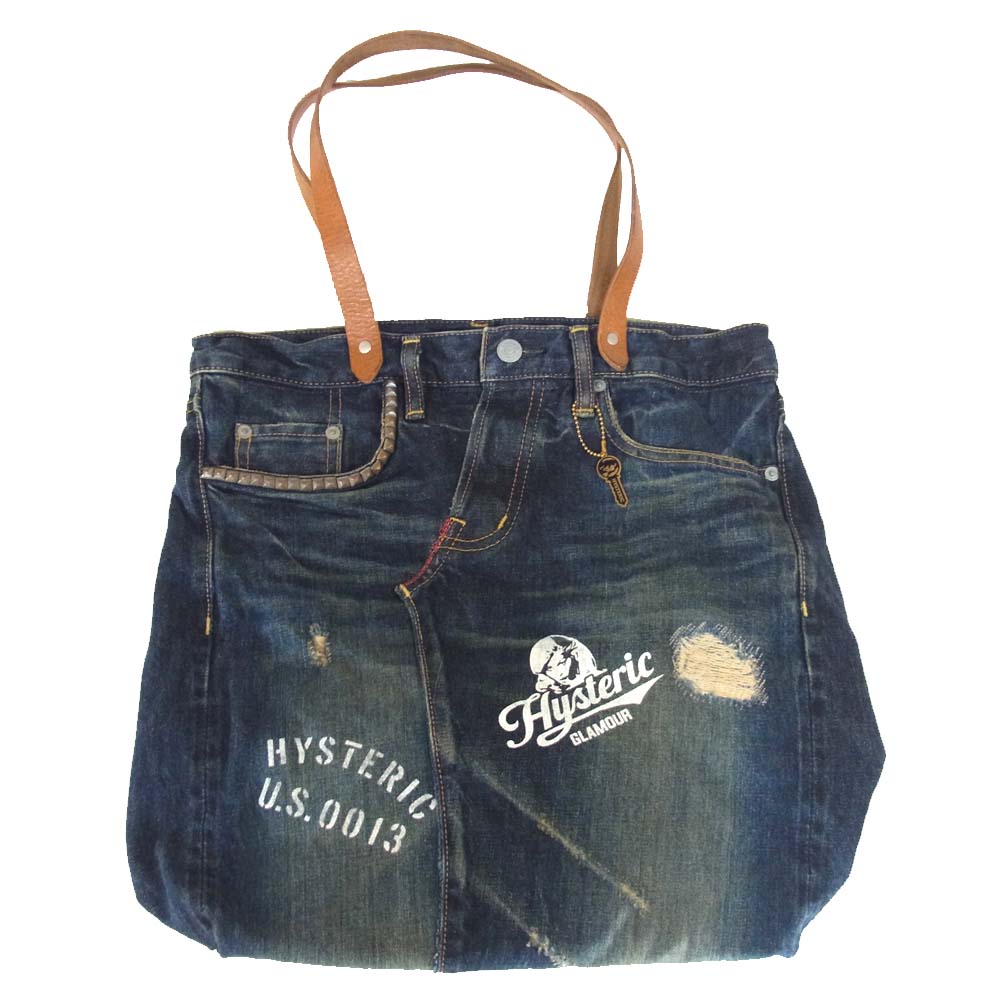 HYSTERIC GLAMOUR ヒステリックグラマー デニム リメイク トート バッグ ダメージ加工 ガールプリント インディゴブルー系【中古】