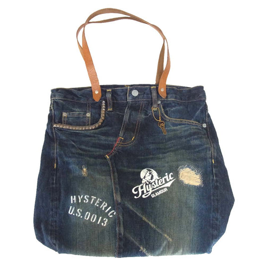 HYSTERIC GLAMOUR ヒステリックグラマー デニム リメイク トート バッグ ダメージ加工 ガールプリント インディゴブルー系【中古】