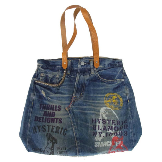 HYSTERIC GLAMOUR ヒステリックグラマー デニム リメイク トート バッグ ダメージ加工 紫文字ペイント インディゴブルー系【中古】