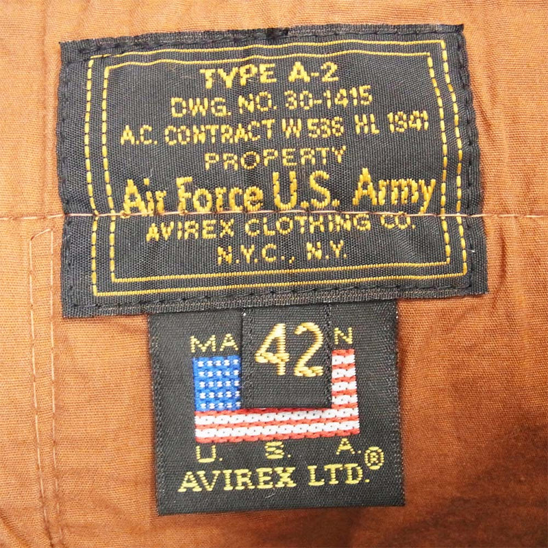 AVIREX アヴィレックス 618122 A-2 美国空軍志願隊 バックプリント レザー フライト ジャケット ブラウン系 42【中古】