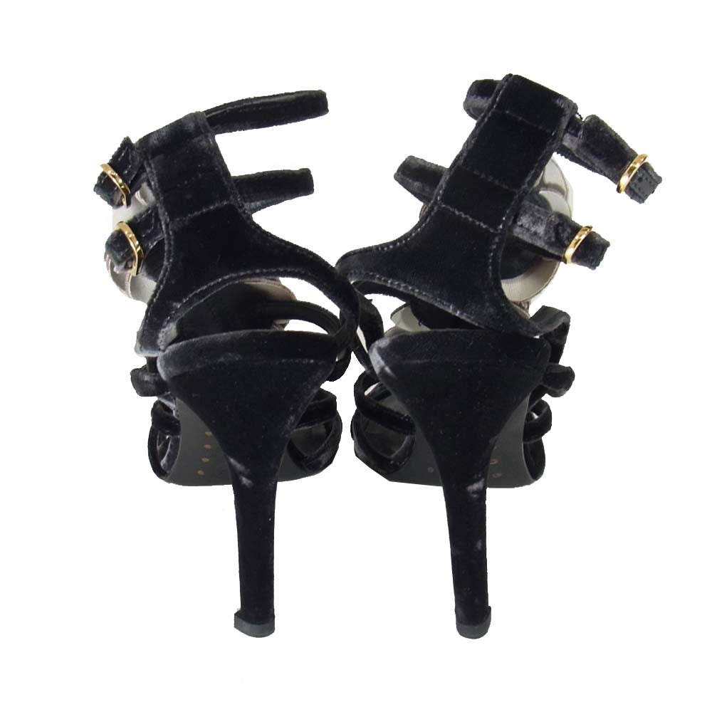 CHANEL シャネル ココマーク コサージュ ベロア ヒール サンダル ブラック系 36【中古】