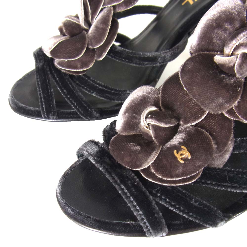 CHANEL シャネル ココマーク コサージュ ベロア ヒール サンダル ブラック系 36【中古】