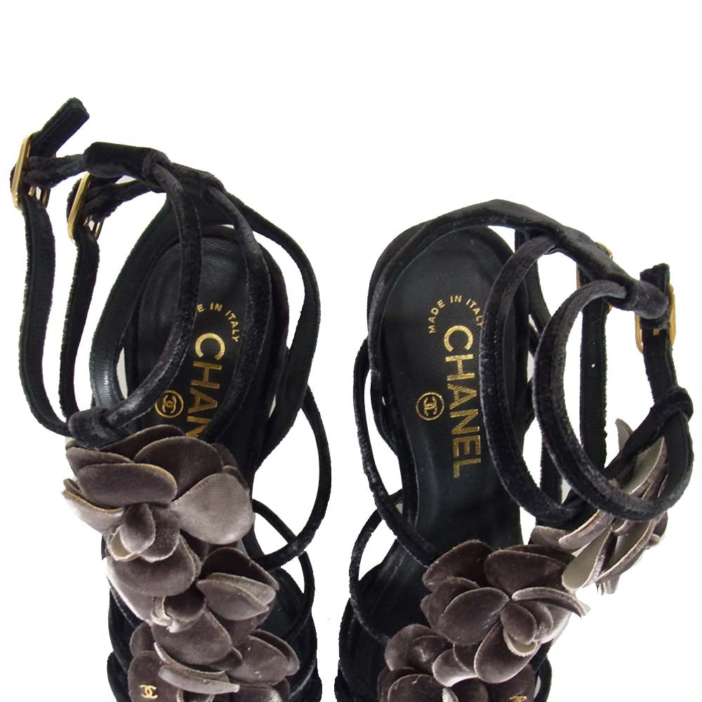 CHANEL シャネル ココマーク コサージュ ベロア ヒール サンダル ブラック系 36【中古】