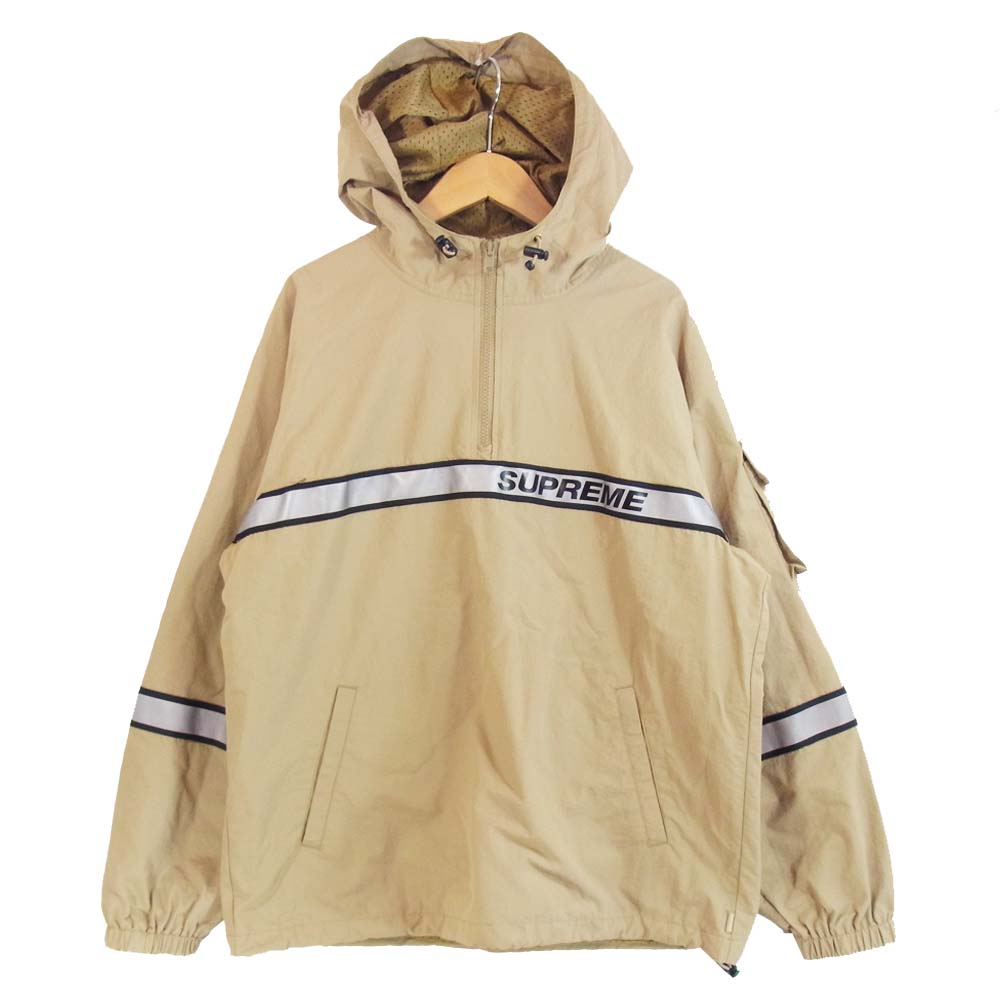 Supreme シュプリーム 18SS Reflective Taping Hooded Pullover リフレクティブ テーピングハーフジップ アノラックパーカー  ベージュ系 S【美品】【中古】