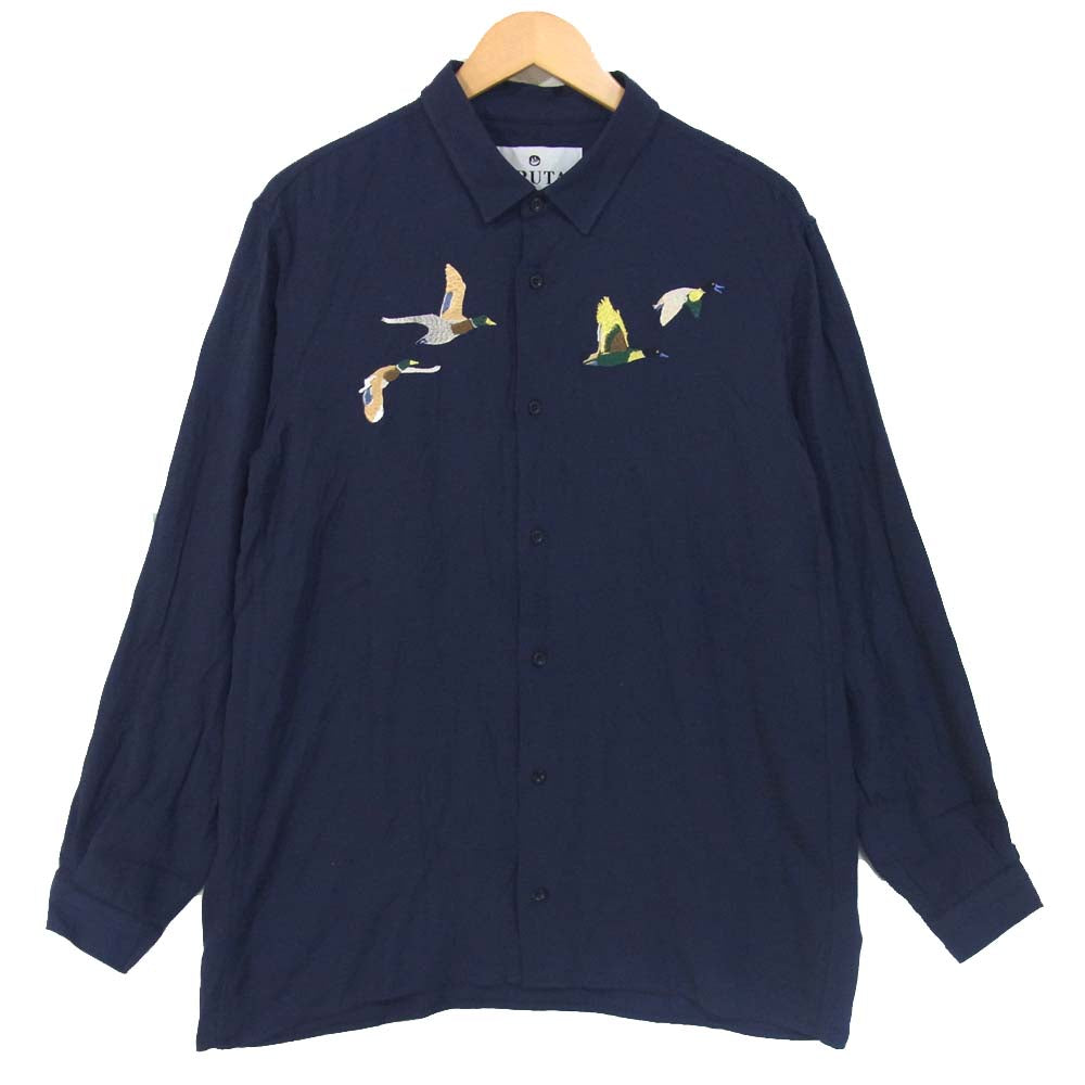 ブルータ 刺繍 レーヨン 長袖 シャツ ダークネイビー系 L【中古】