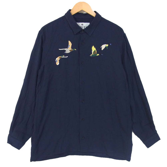 ブルータ 刺繍 レーヨン 長袖 シャツ ダークネイビー系 L【中古】